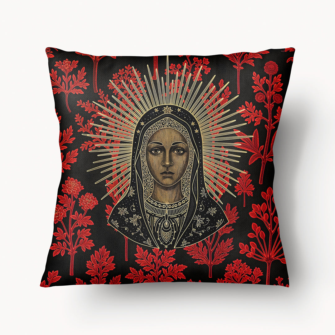 Housse de Coussin EX VOTO Mzelle design -  motif liturgique vierge noire et or sur fond d'herbier noir et Rouge