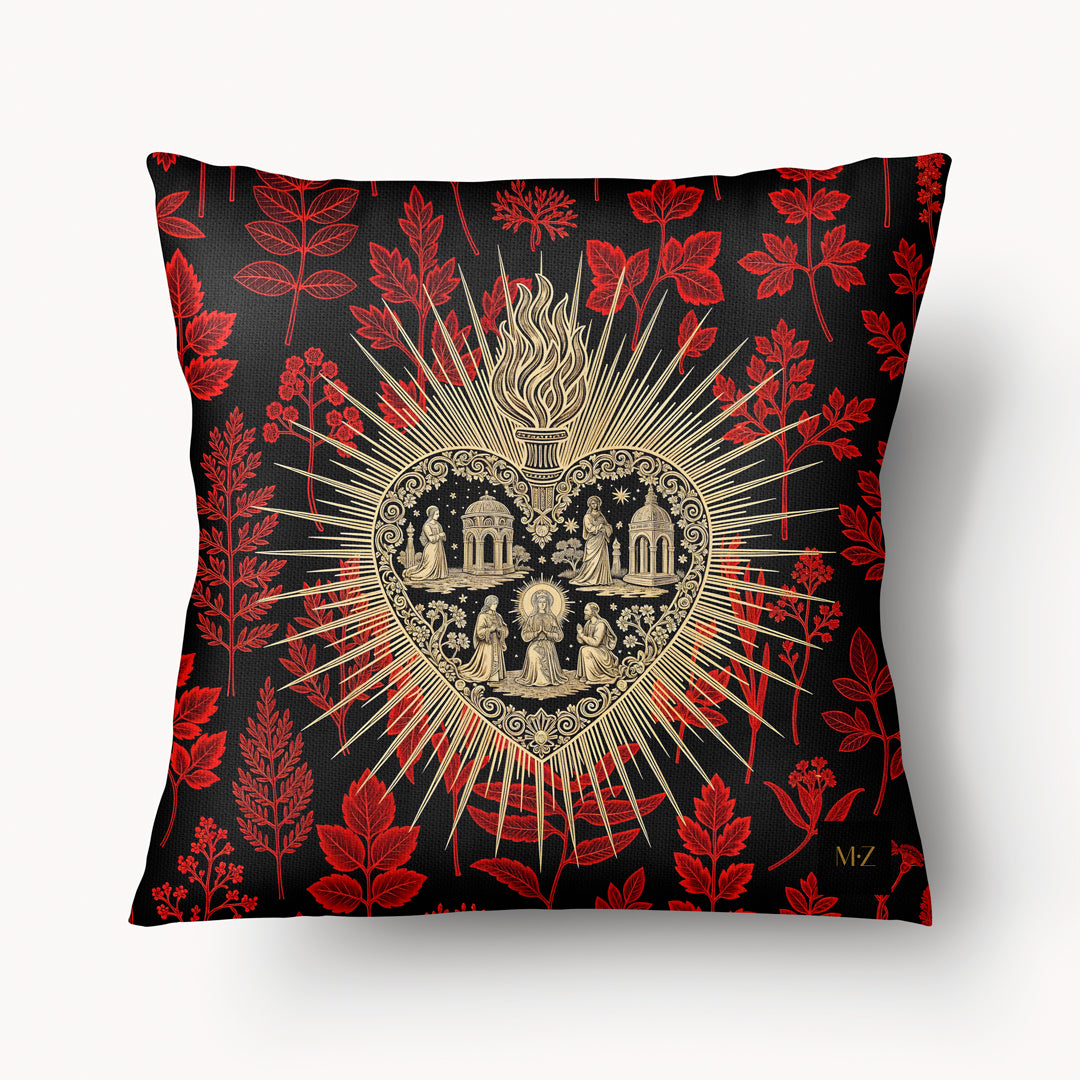 Housse de Coussin EX VOTO Mzelle Design coeur avec une flamme et des personnages or sur fond d'Herbier Rouge et noir