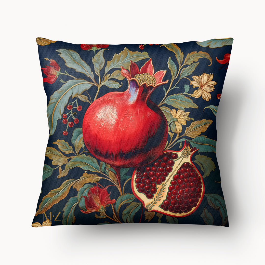 Housse de Coussin Mzelle design bleu marine thème FLORAL -vMotif de Grenade sur fond de feuilles vertes