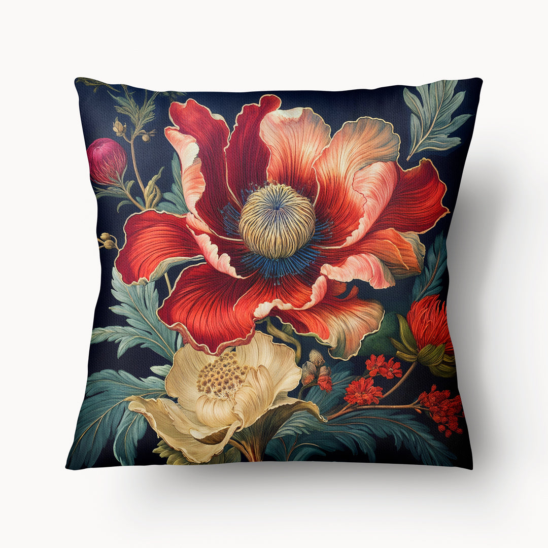 Housse de Coussin FLORAL - Fleurs effet gravure sur bois rouge et écru sur fond bleu marine mzelle design