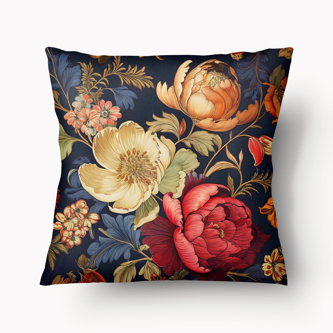 Housse de Coussin FLORAL - Duo de fleurs stylisées effet gravure sur fond bleu foncé mzelle design