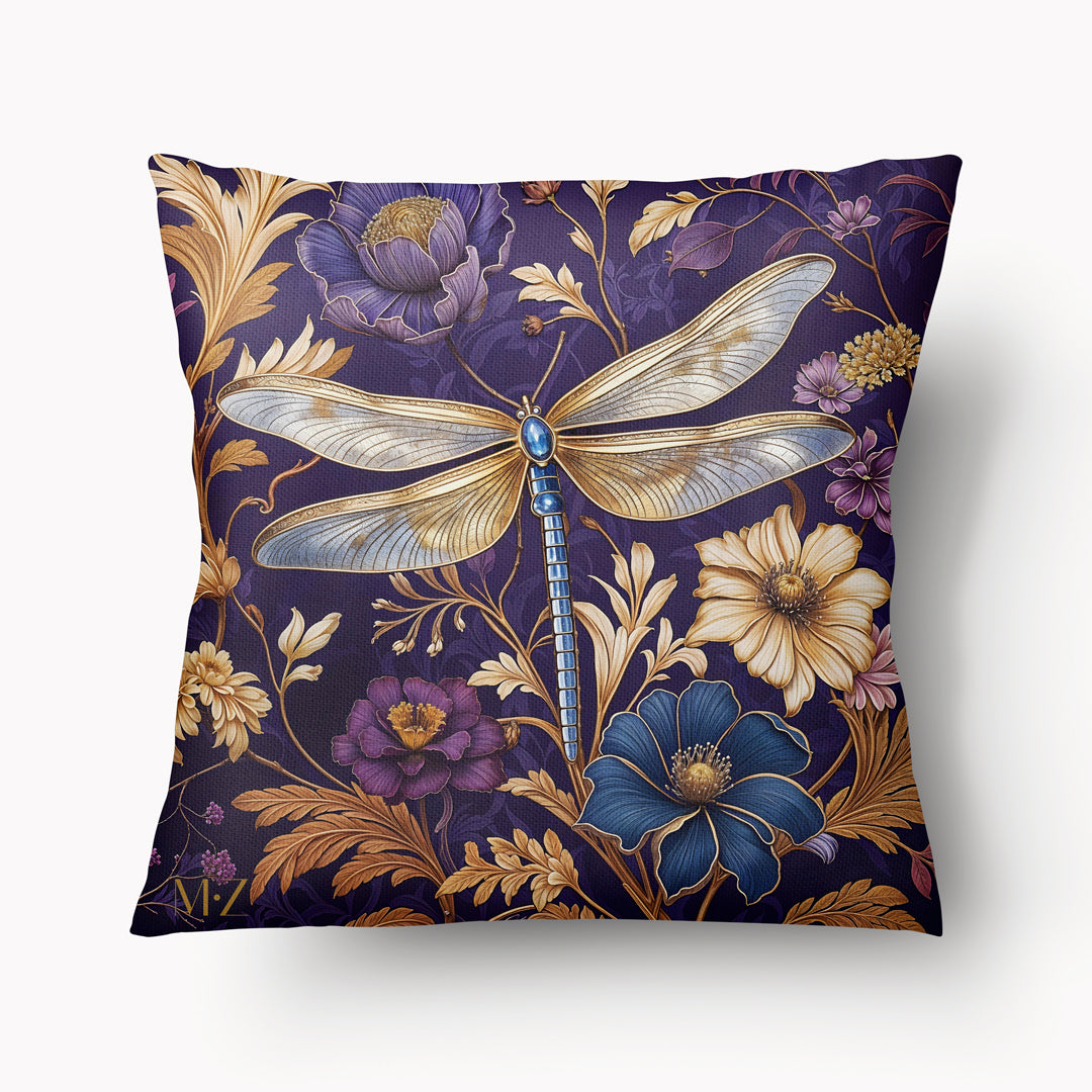 Housse de Coussin FLORAL - Duo de libellule au Jardin Demoiselle d'Aliénor violet et bleu indigo mzelle design