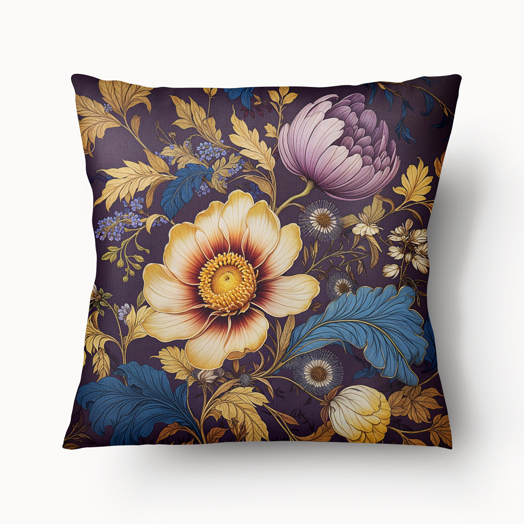 Housse de Coussin FLORAL - Duo de fleurs sur fond d'herbier violet et bleu indigo mzelle design