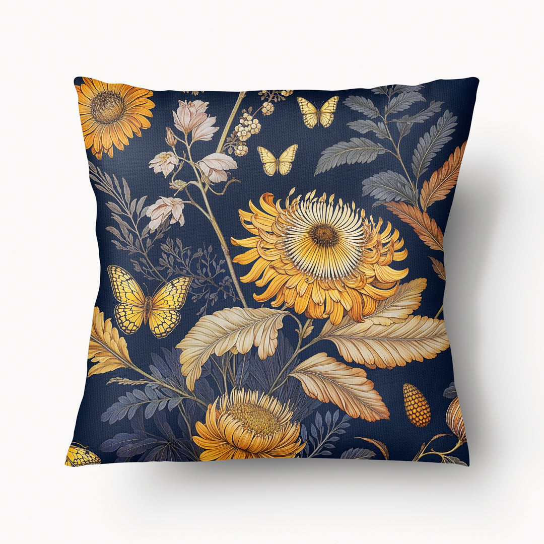 Funda de cojín FLORAL - Duo Medieval Garden Fribourg Azul y Ocre - 45 cm