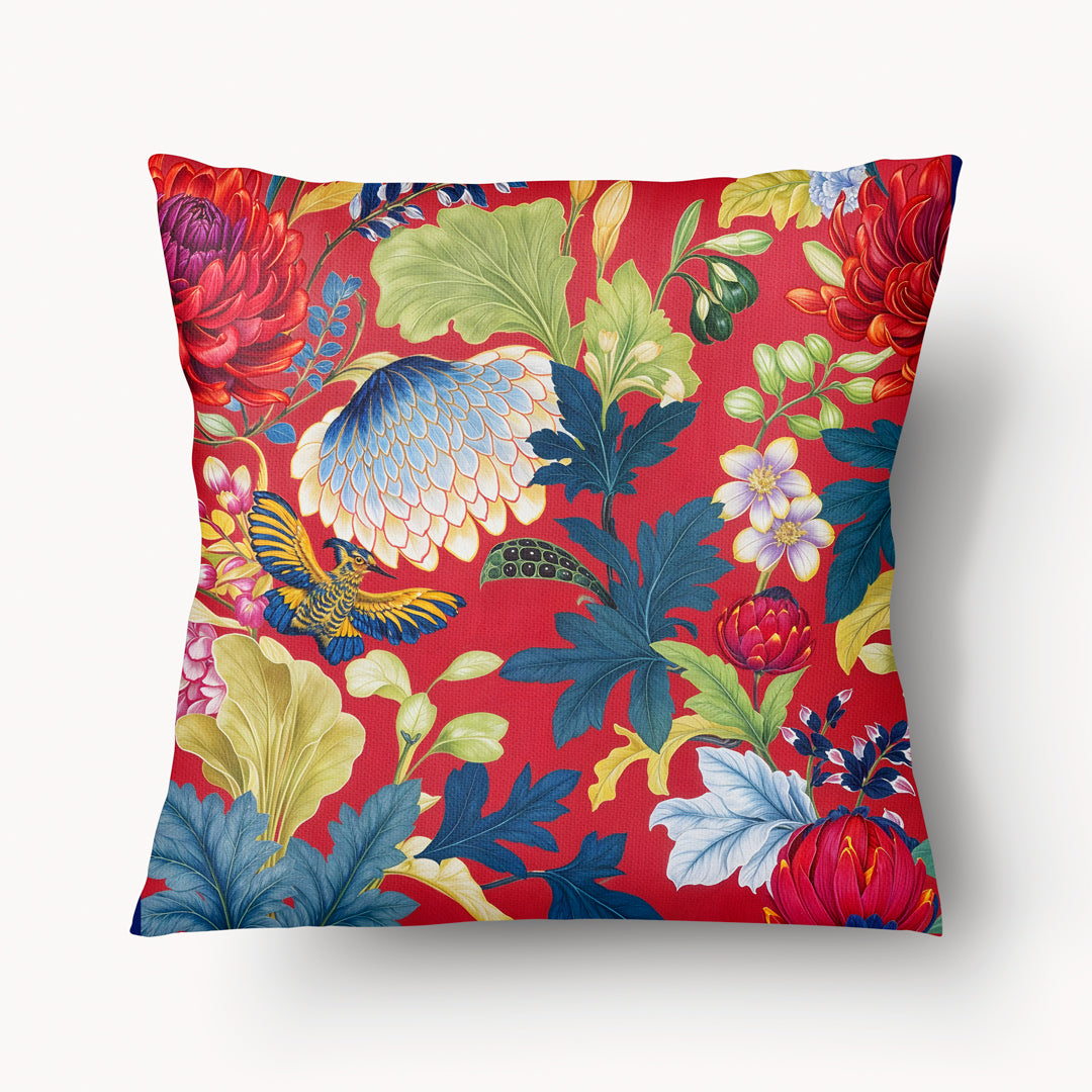 Housse de Coussin FLORAL Mzelle design - Motif Médiéval à grandes fleurs multicolores et oiseau huppe sur fond  Rouge