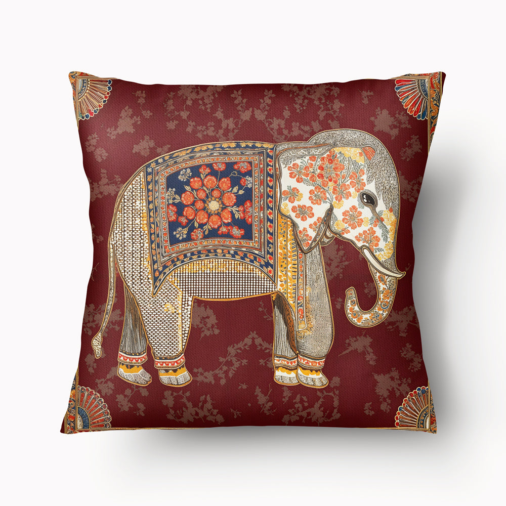 Housse de Coussin INDE Mzelle Design - Eléphant blanc décoré sur fond rouge foncé