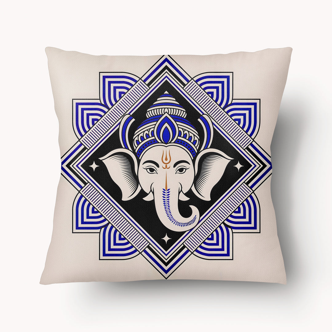 Housse de Coussin INDE - Tête d'éléphant représente Ganesh avec un Lotus Graphique Indigo mzelle design