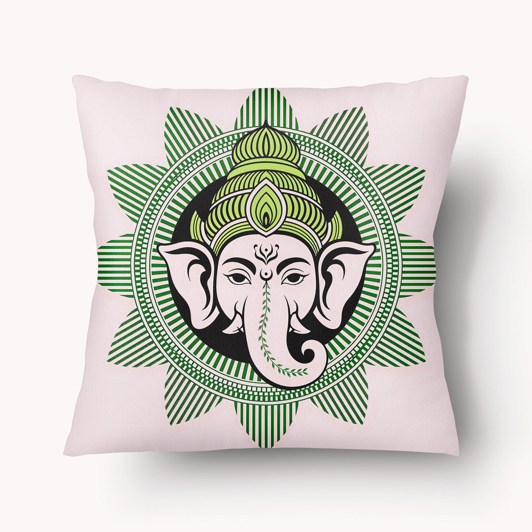 Housse de Coussin INDE - Tête de Ganesh et Lotus Graphique Vert sur fond clair Mzelle design
