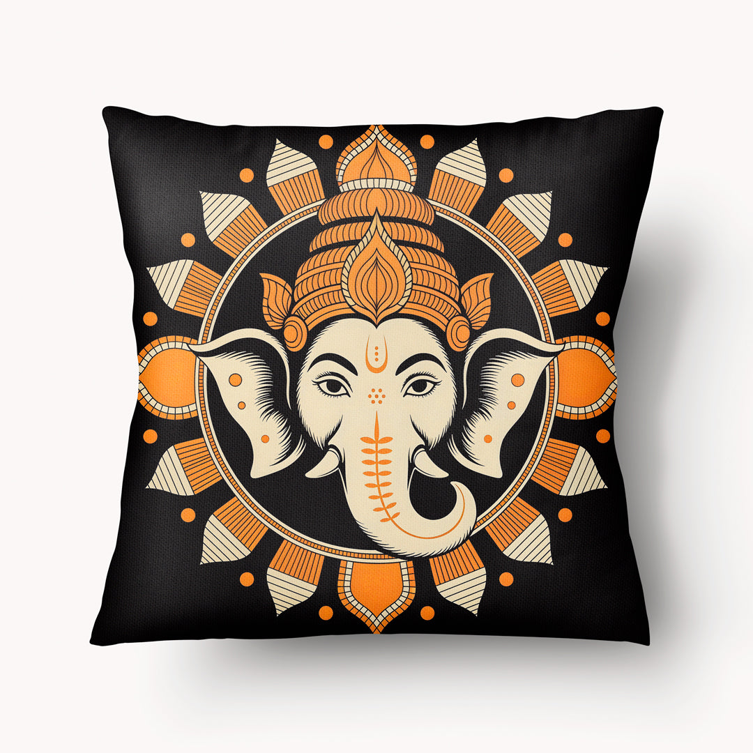 Housse de Coussin INDE -  Ganesh  et Lotus Mystique Safran sur fond noir Mzelle design