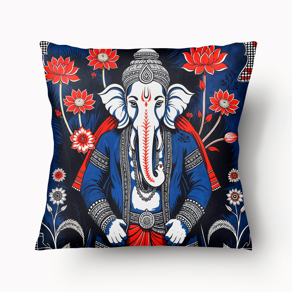 Housse de Coussin INDE Mzelle Design- portrait de Ganesh en rouge et bleu sur fond de Lotus