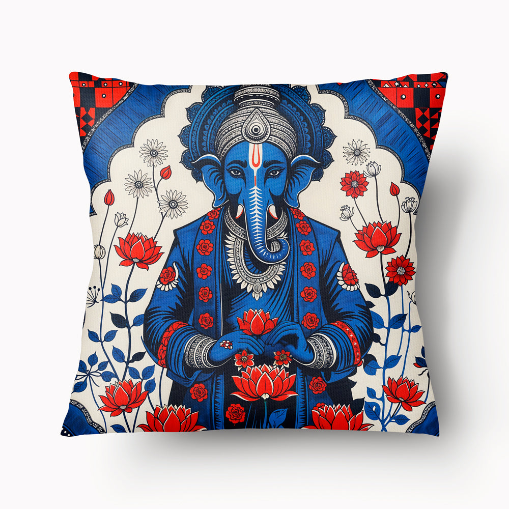 Housse de Coussin INDE Mzelle Design- portrait de Ganesh en rouge et bleu sur fond de Lotus