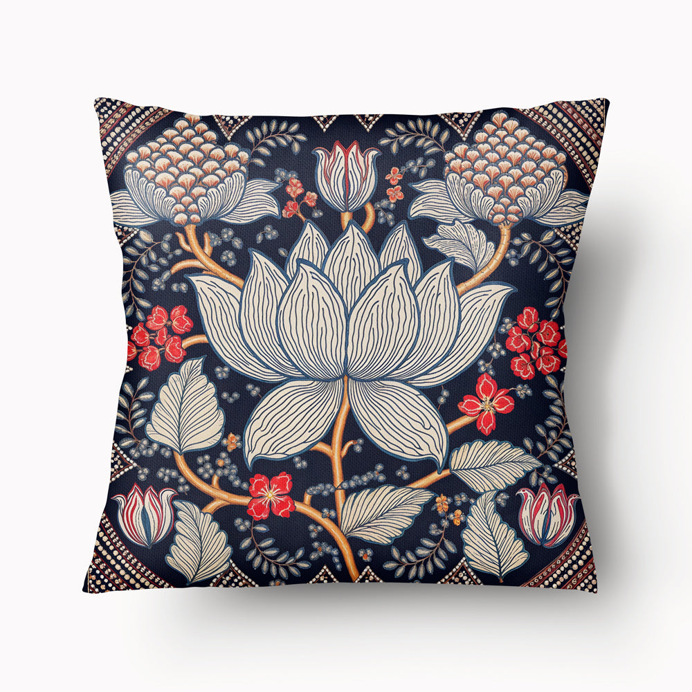 Housse de Coussin INDE Mzelle Design - Motif imprimé Lotus stylisé sur fond bleu