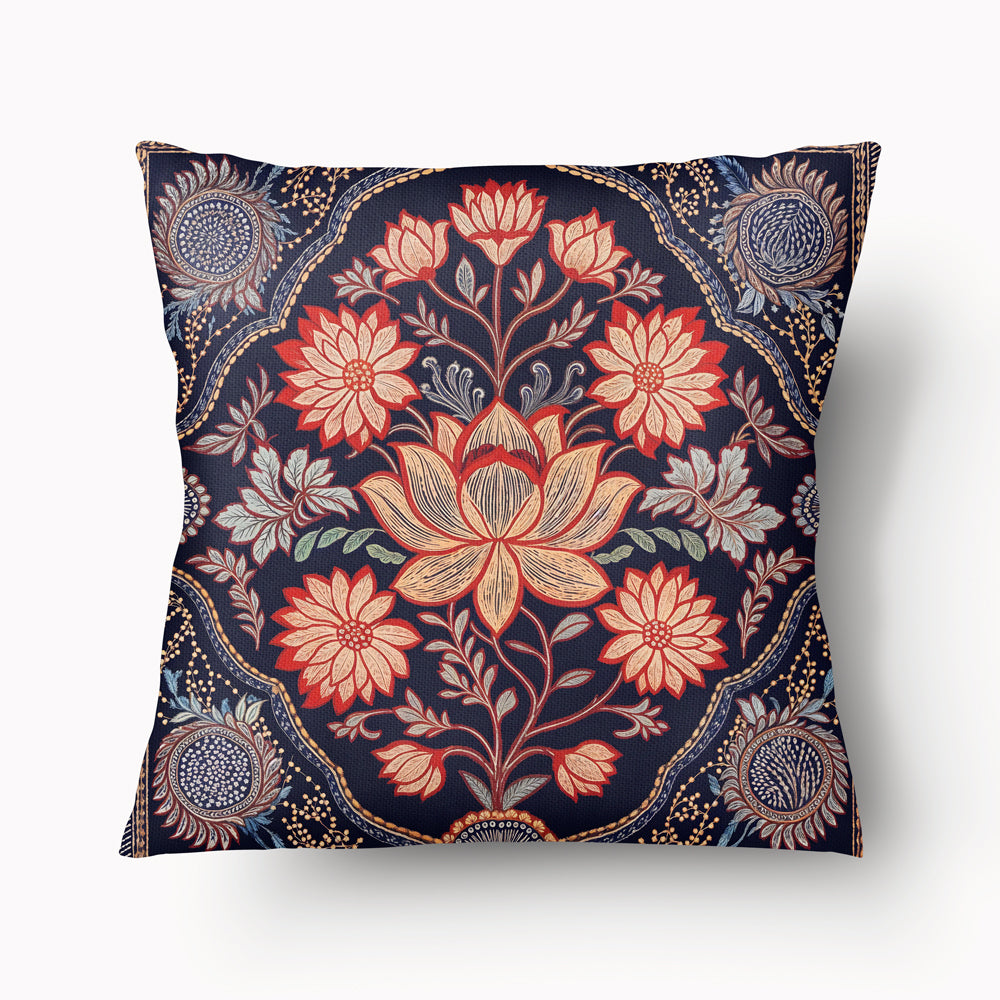 Housse de Coussin INDE Mzelle Design - Motif imprimé Lotus stylisé sur fond bleu