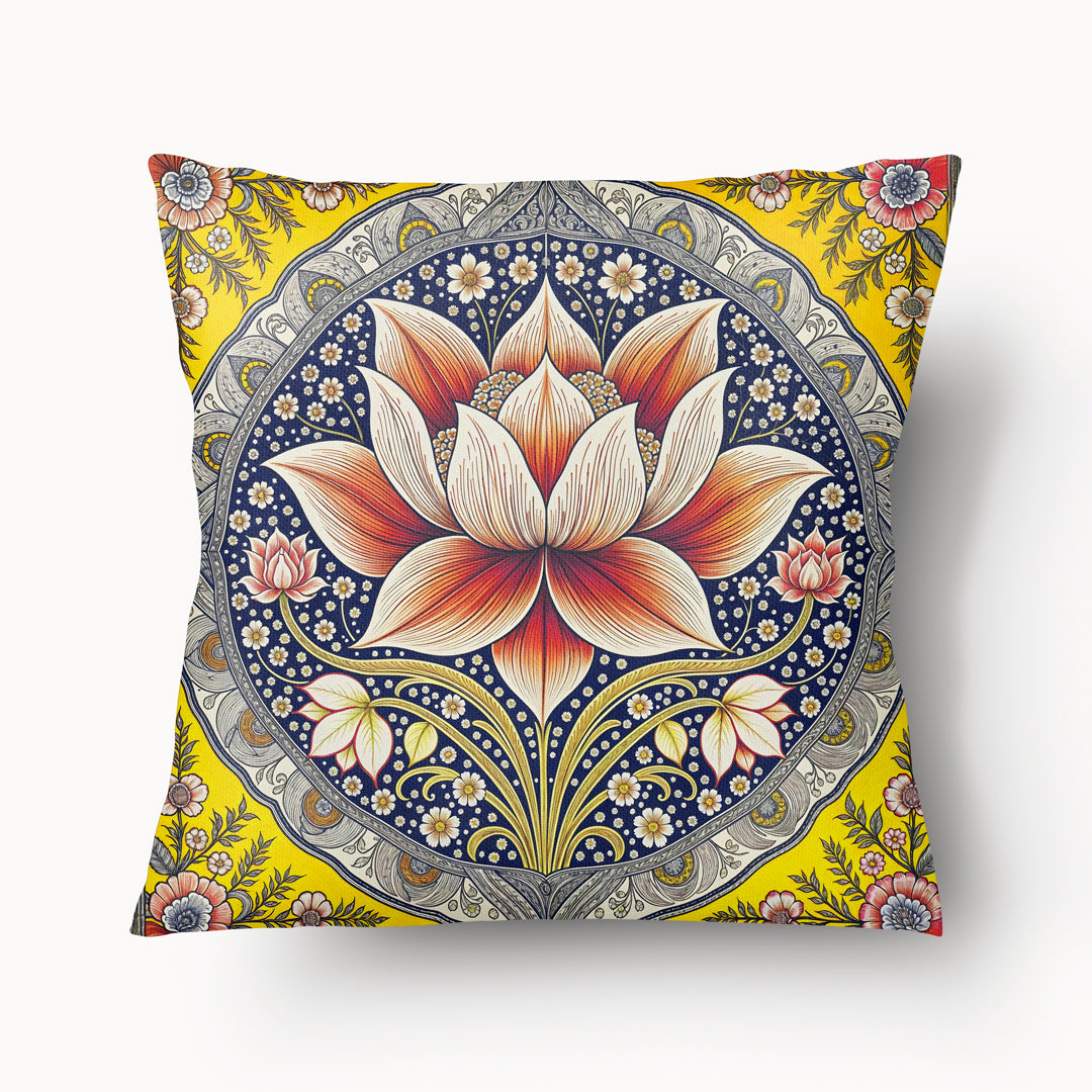 Housse de Coussin INDE Mzelle design - Motif décoratif mandala avec une grande fleur de lotus sur fond jaune et bleu