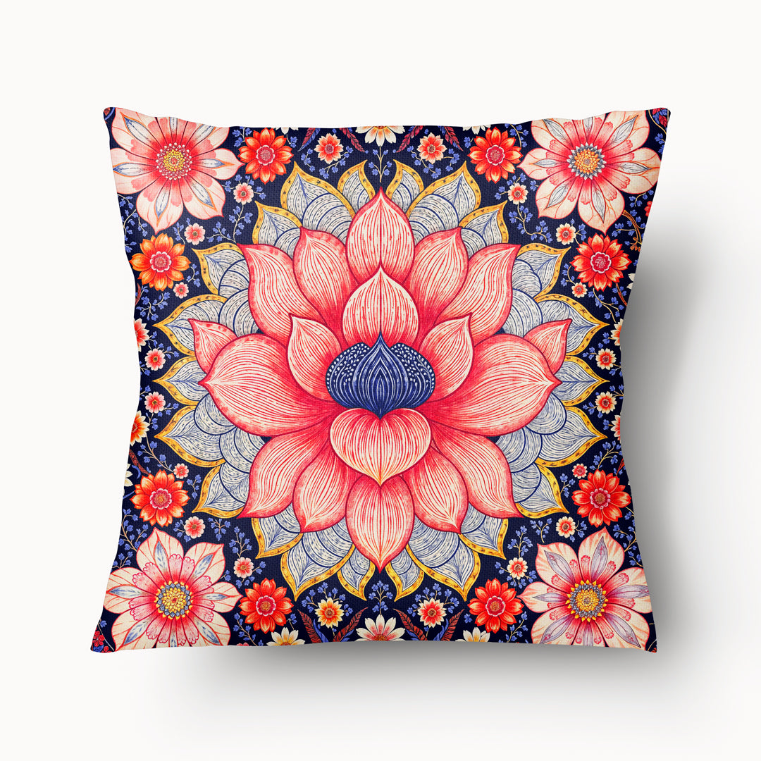 Housse de Coussin INDE Mzelle design - Motif décoratif mandala avec une grande fleur de lotus rose et bleu