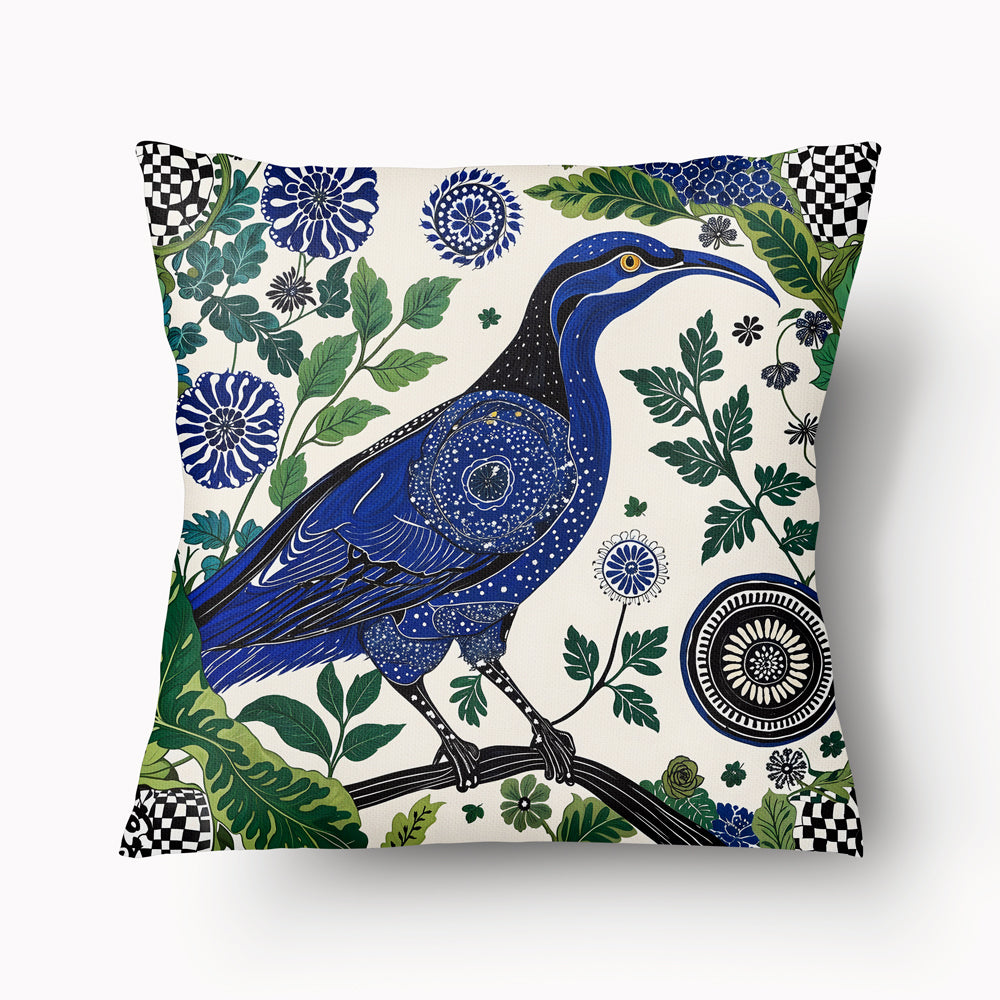 Housse de Coussin INDE Mzelle Design - Oiseau stylisé bleu et vert sur fond écru