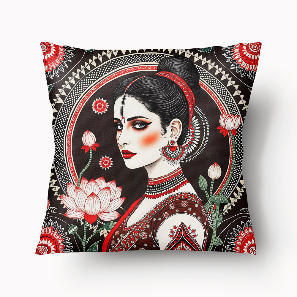 Housse de Coussin INDE mzelle design - motif femme indienne en sari sur fond marron