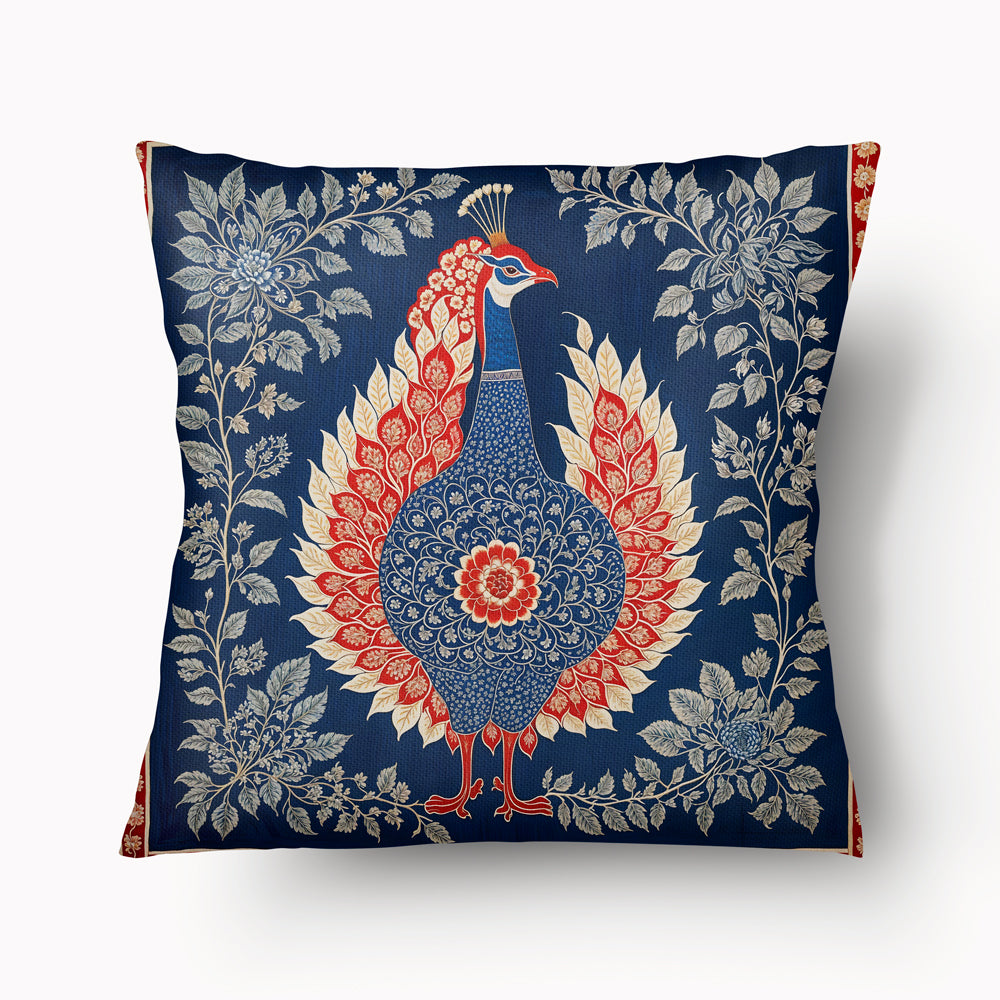 Housse de Coussin INDE Mzelle Design- paon stylisé en block print rouge et bleu sur fond floral