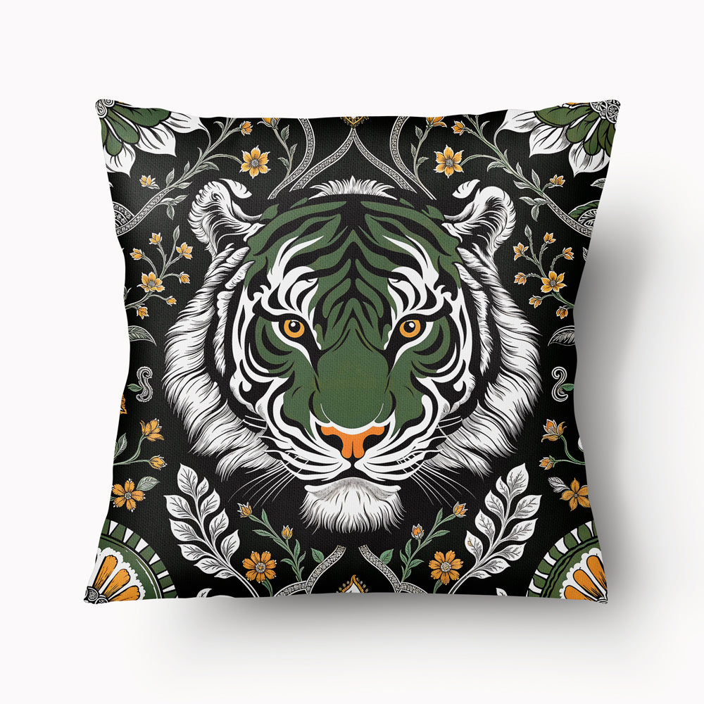 Housse de Coussin INDE mzelle design - Décoration Tête de Tigre Tamil vert sur fond noir