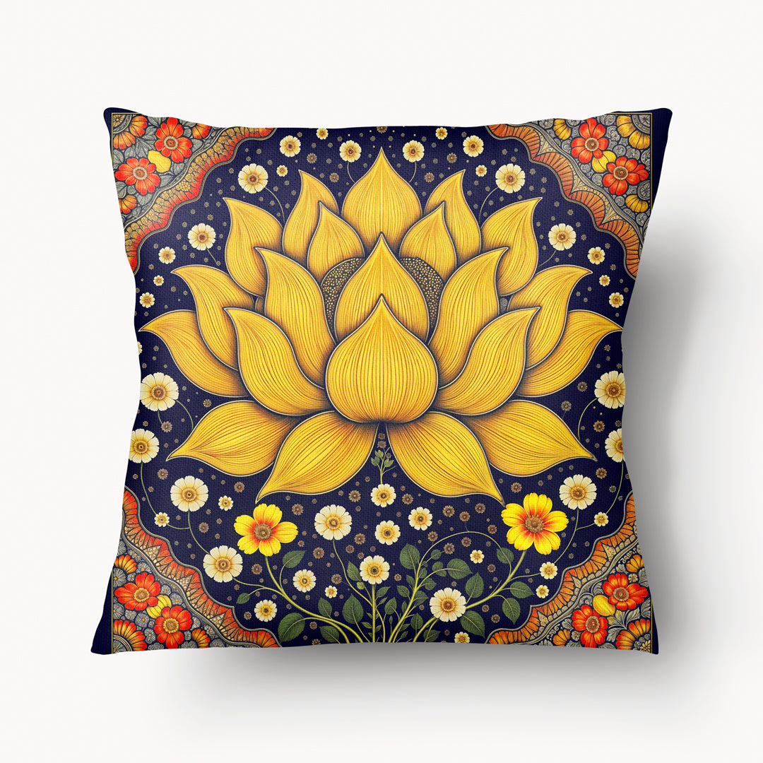 Housse de Coussin INDE - Fleur de Lotus Jaune Noor entourée d'une frise de fleurs Mzelle design