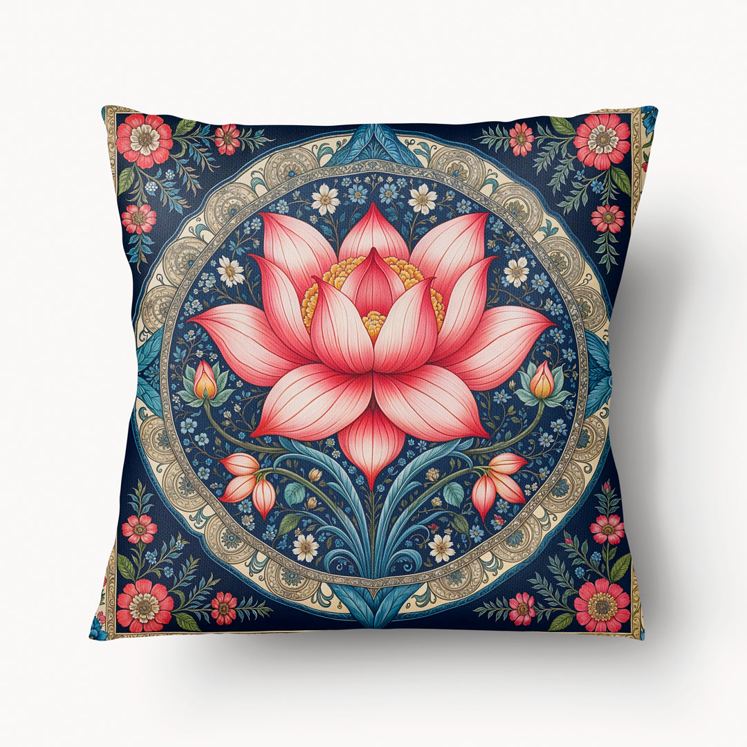 Housse de Coussin INDE style boho MZelle Design - Fleur de Lotus Rose sur fond de mandala bleu