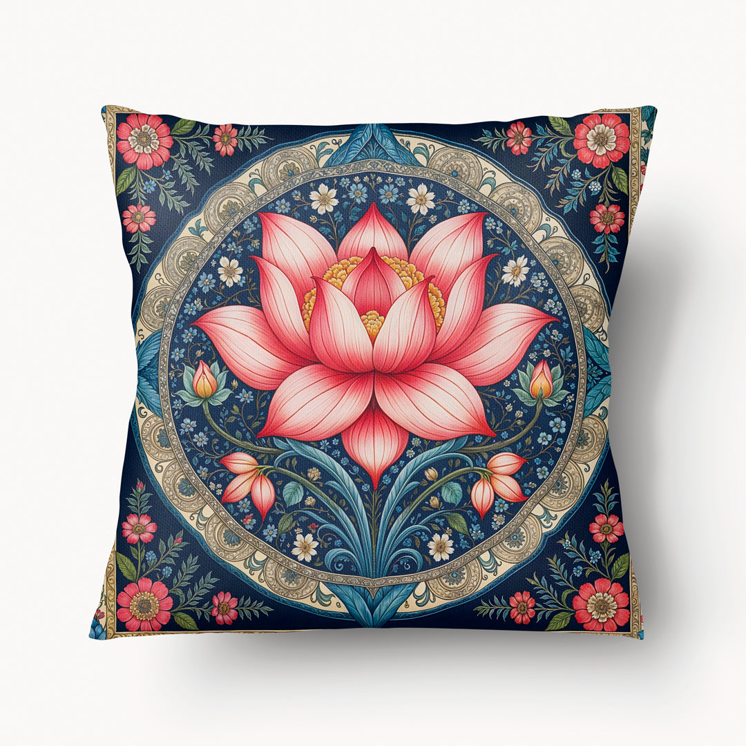 Housse de Coussin INDE - Fleur de Lotus Rose Rani dans un cercle de fleurs sur fond bleu Mzelle Design