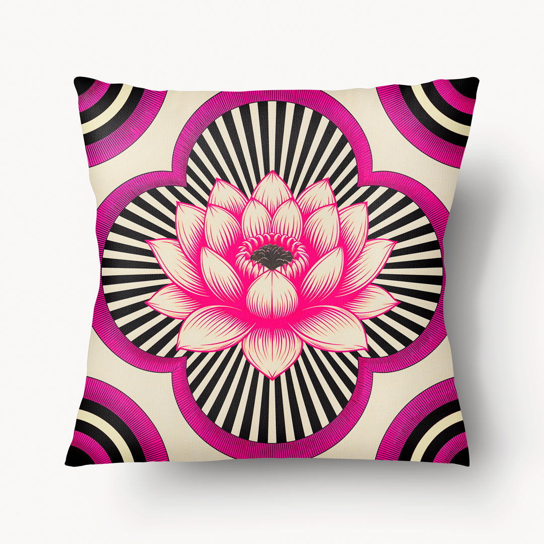 Housse de Coussin INDE - Grand Lotus Graphique Fuchsia et noir sur fond écru Mzelle design