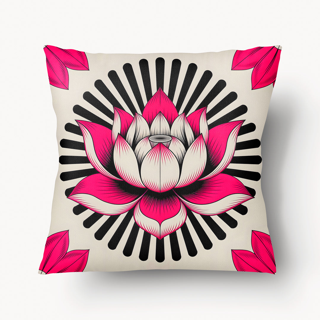Housse de Coussin INDE - Grand Lotus style Optical Art Rose Tyrien sur fond ecru Mzelle design