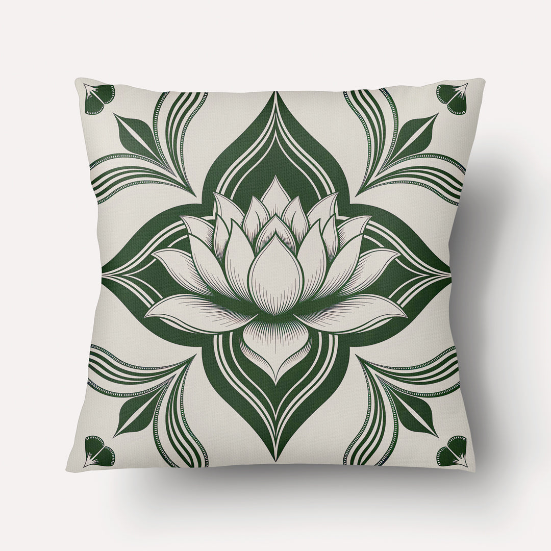 Housse de Coussin INDE - Grand Lotus Royal Vert Bouteille fond écru mzelle design