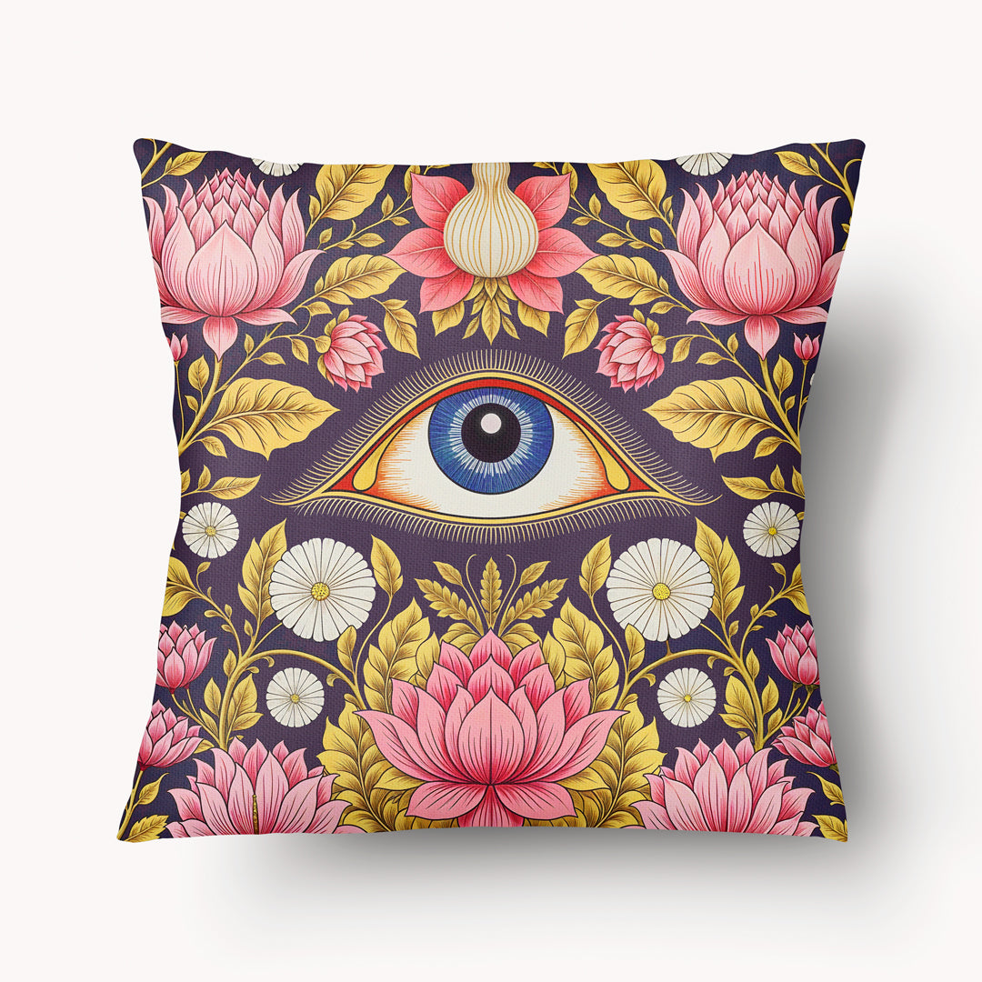 Housse de Coussin INDE Mzelle design -  Oeil De Shiva Violet Rose sur fond de fleurs de lotus