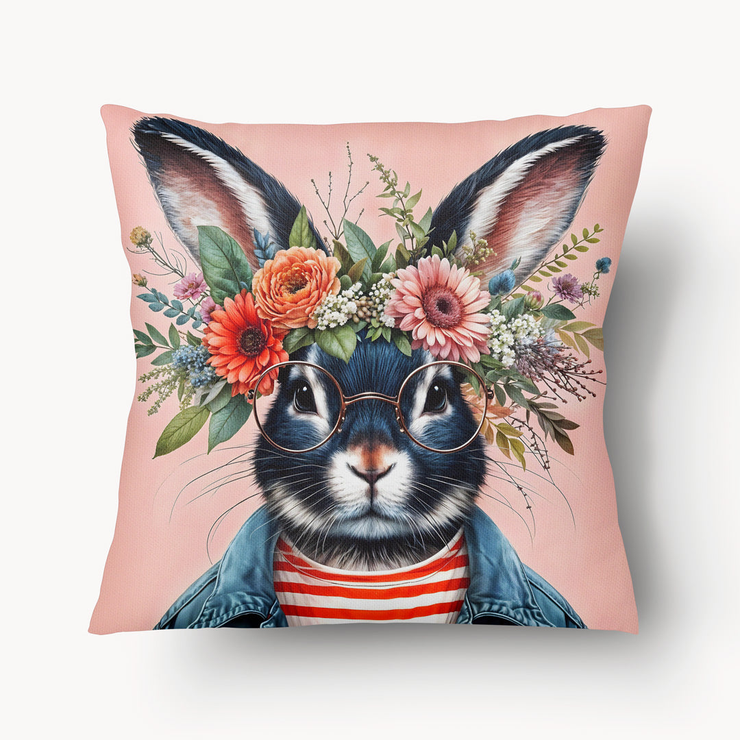 Coussin MZelle Design pour chambre d'enfant - Lapin mignon avec des lunettes, en perfecto noir ou veste denim et couronnes de fleurs des champs
