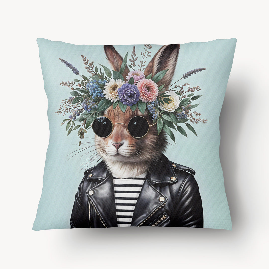 Housse de coussin couleur pastel illustrée d'un joli lapin en perfecto avec une couronne de fleurs Mzelle Design