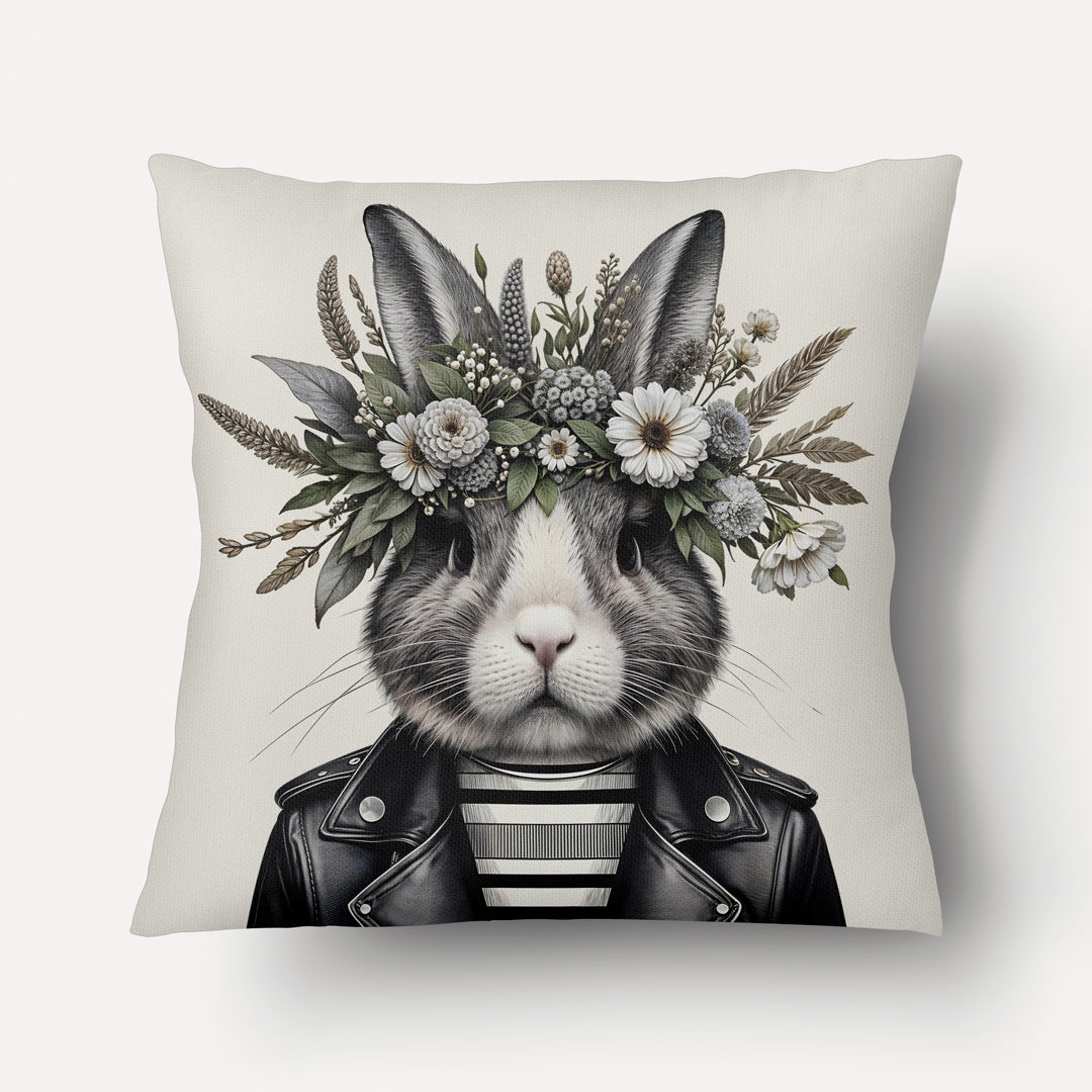 Housse de coussin illustrée d'un adorable lapin en blouson noir et couronne de fleurs sur fond écru mzelle design