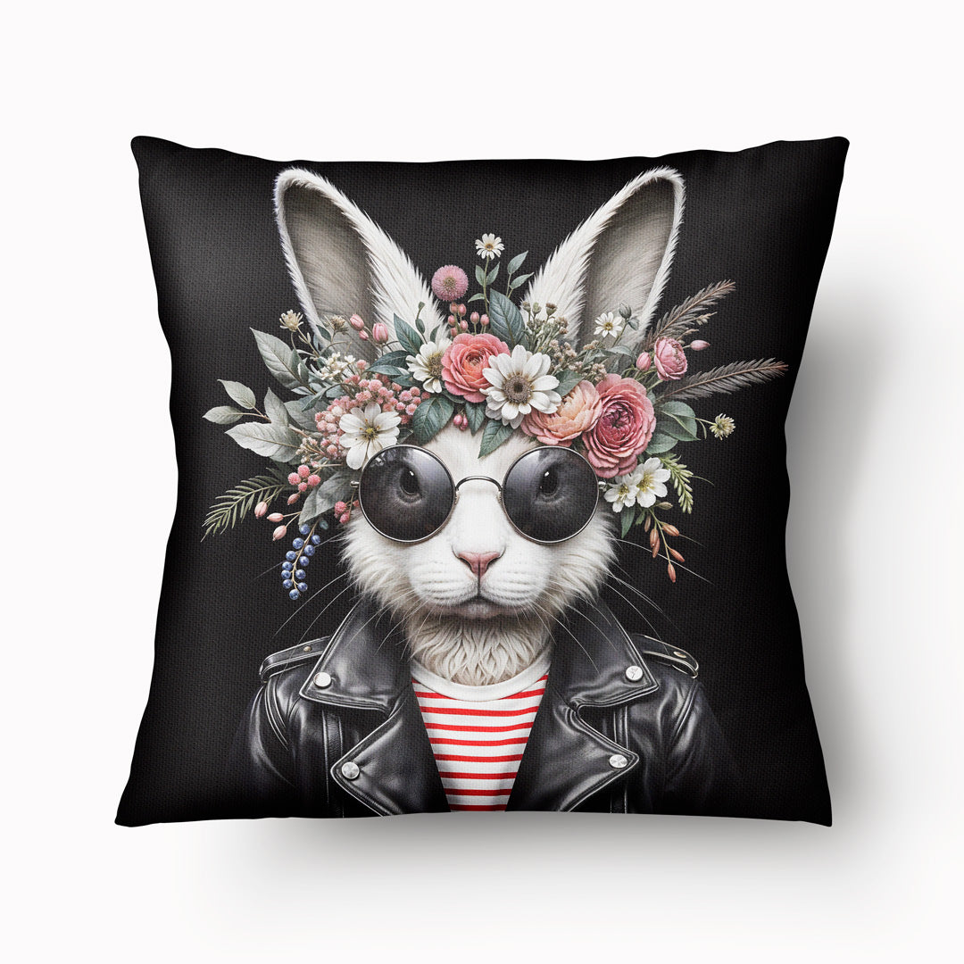 Coussin MZelle Design pour chambre d'enfant - Lapin mignon en perfecto noir ou veste denim et couronnes de fleurs des champs