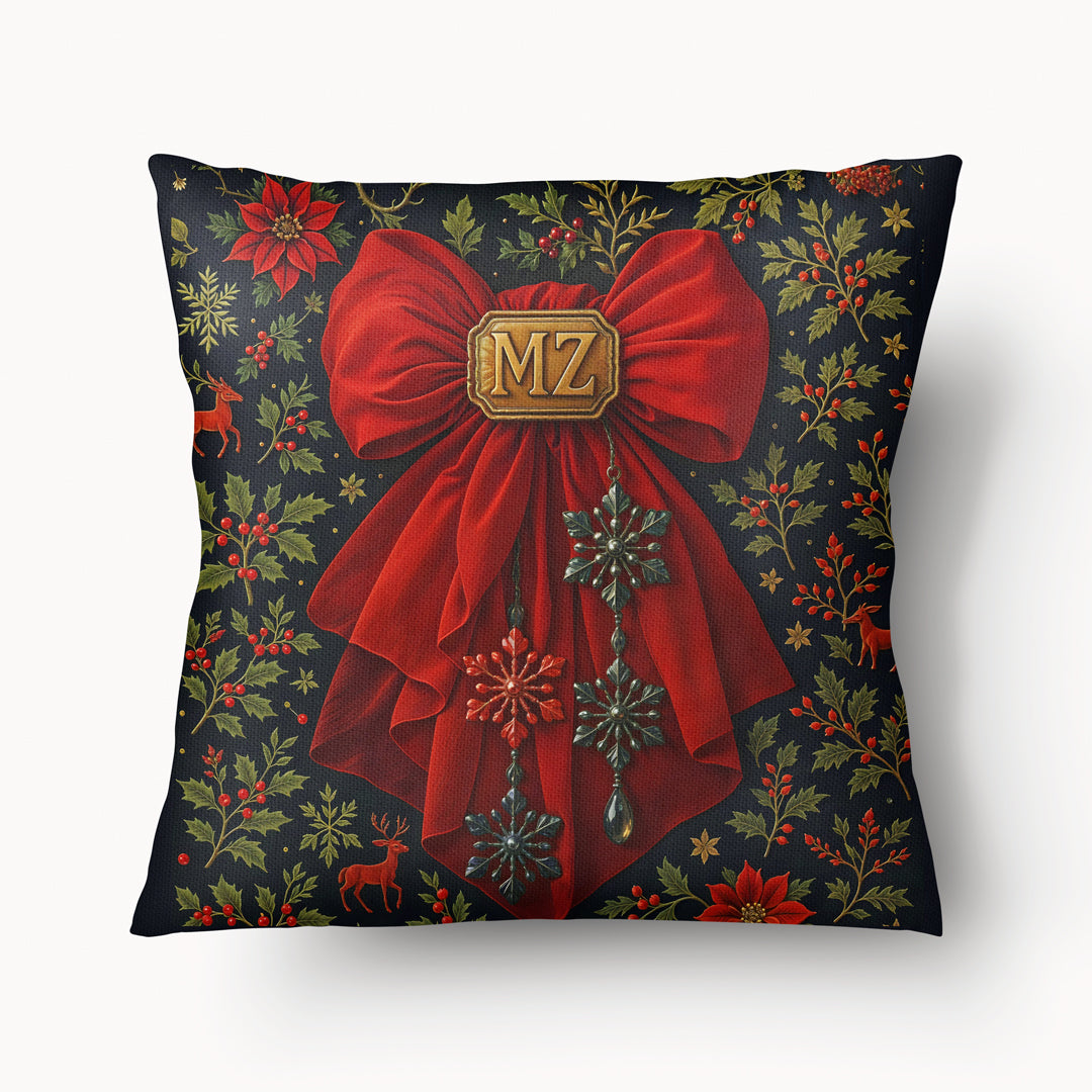 Housse de coussin Mzelle Design, décor Noël, motif poinsettia et ruban étoile, rouge et bleu nuit