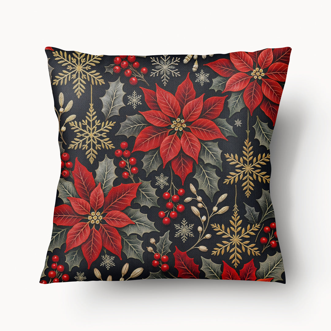 Housse de coussin Mzelle Design, décor Noël, motif poinsettia et ruban étoile, rouge et bleu nuit