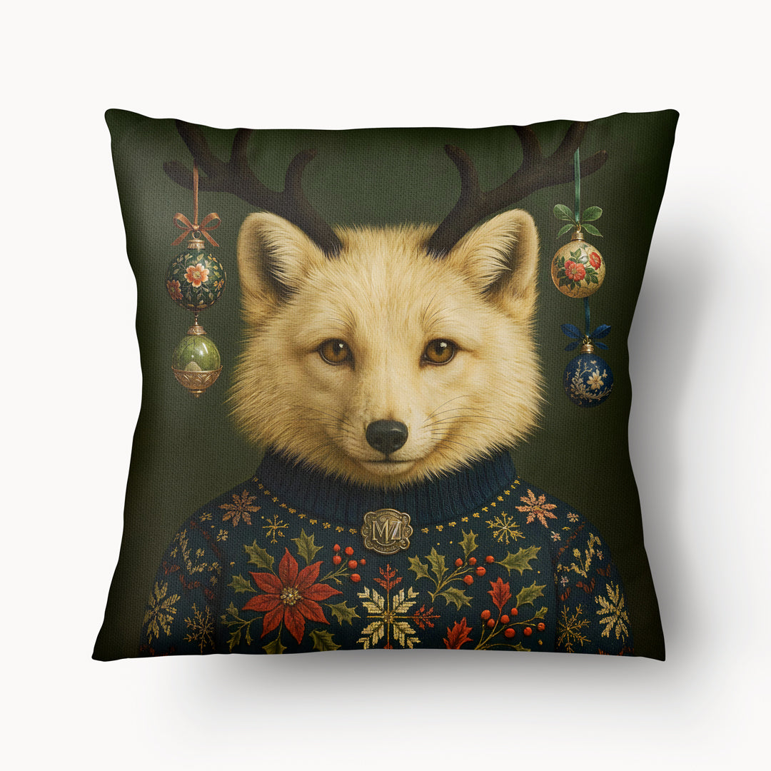 Coussin décoratif de Noël Mzelle Design, Renard polaire en habit festif, housse de coussin Noël lumineuse, poésie hivernale et charme scandinave sur fond vert
