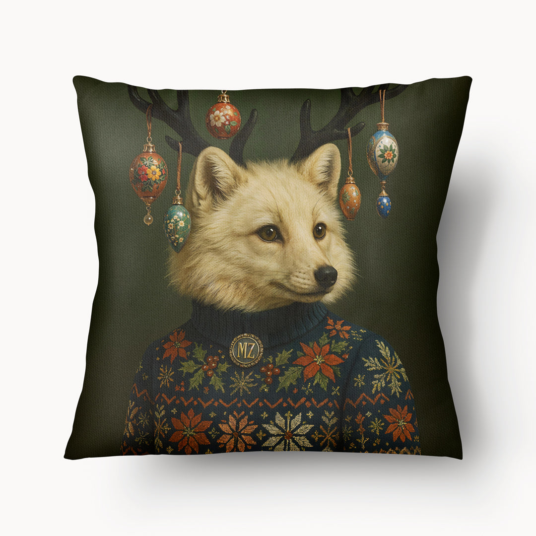 Coussin décoratif de Noël Mzelle Design, Renard polaire en habit festif, housse de coussin Noël lumineuse, poésie hivernale et charme scandinave sur fond vert