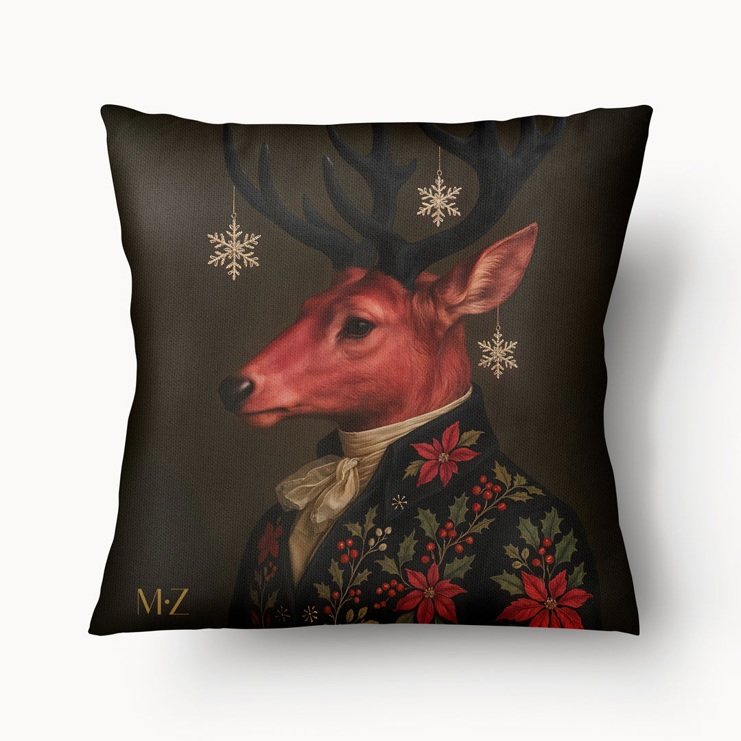 Coussin de Noël MZelle Design, Cerf rose onirique en costume de fête, housse de coussin Noël surprenante, touche artistique et poétique sur fond marron