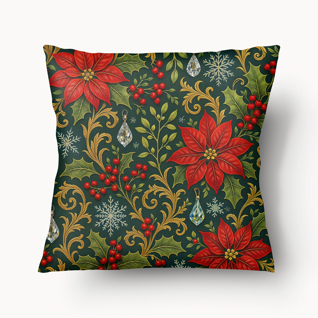 Coussin décoratif de Noël Mzelle Design, Rdécoré de jacquard poinsettias étoiles de noël, élégance précieuse et ambiance hivernale enchantée.