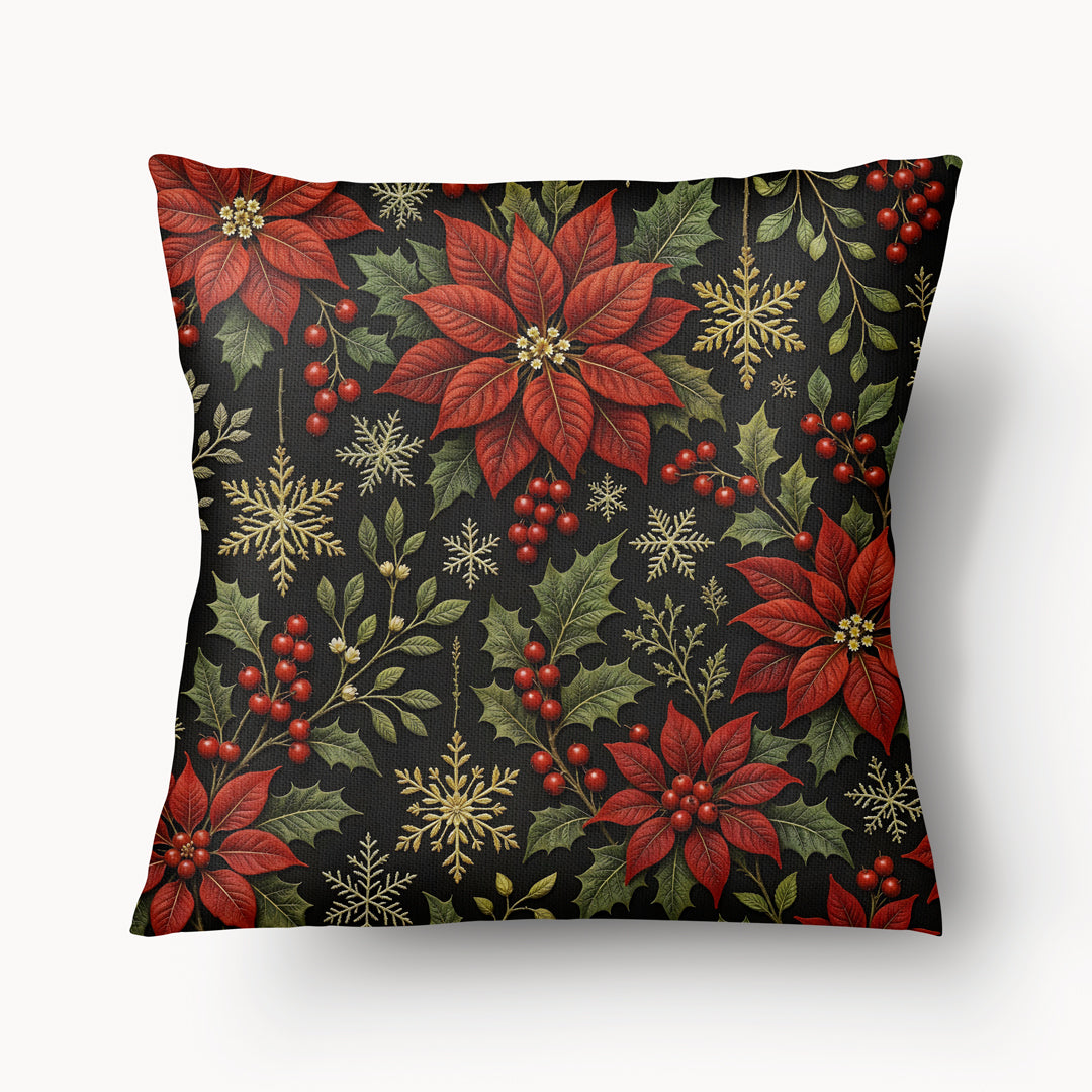 Housse de coussin Noël Mzelle design,  fleurs de poinsettia au raffinement hivernal et touche féerique sur fond rouge foncé