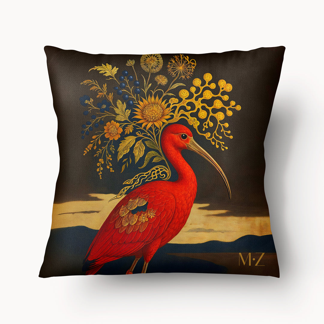 Coussin artistique décoration Mzelle Design, superbe Ibis rouge d'Amérique du sud, posant avec élégance sur un fond marron chocolat.