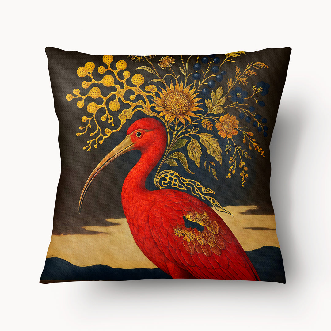 Coussin artistique décoration Mzelle Design, superbe Ibis rouge d'Amérique du sud, posant avec élégance sur un fond marron chocolat.