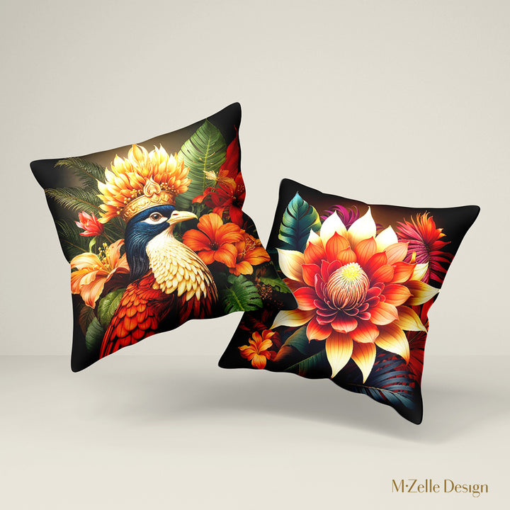 Coussins pour la décoration intérieur thème OISEAUX Mzelle Design - Un oiseau au plumage coloré et au panache spectaculaire.