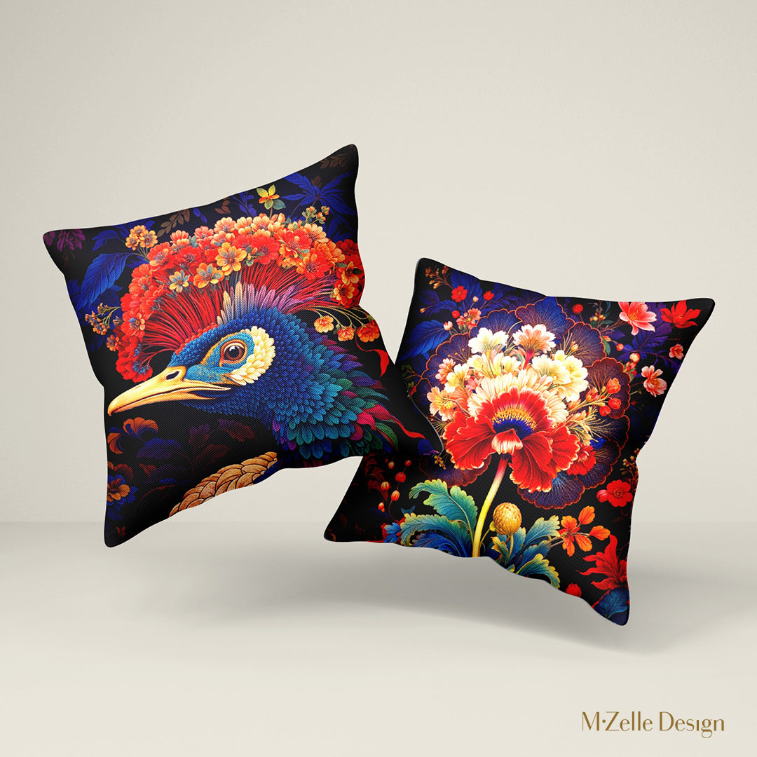 Coussin pour la décoration intérieur thème OISEAUX Mzelle Design - Un oiseau au plumage coloré et au panache spectaculaire.