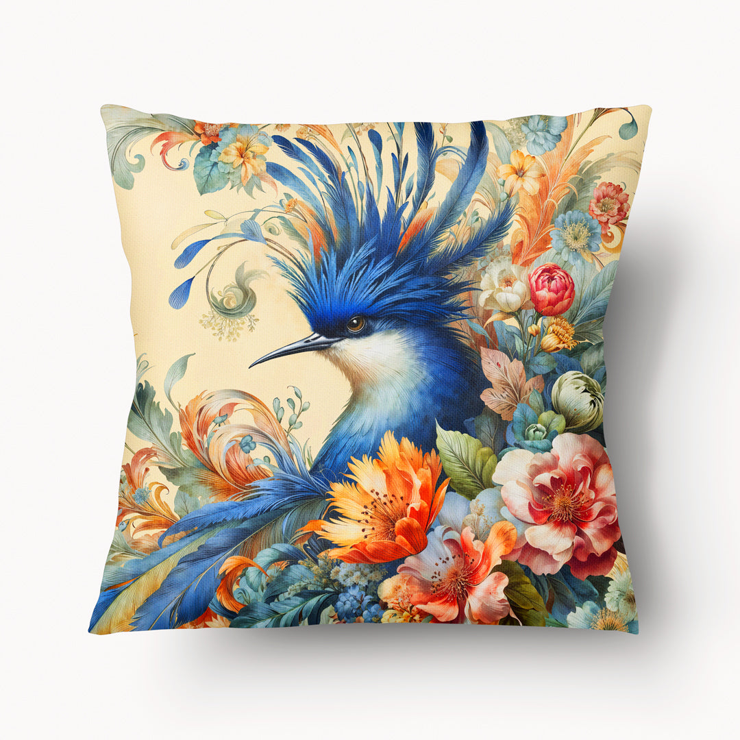 Coussin décoration intérieur motif OISEAUX Mzelle Design - Un oiseau en aquarelle au plumage coloré sur fond de fleurs