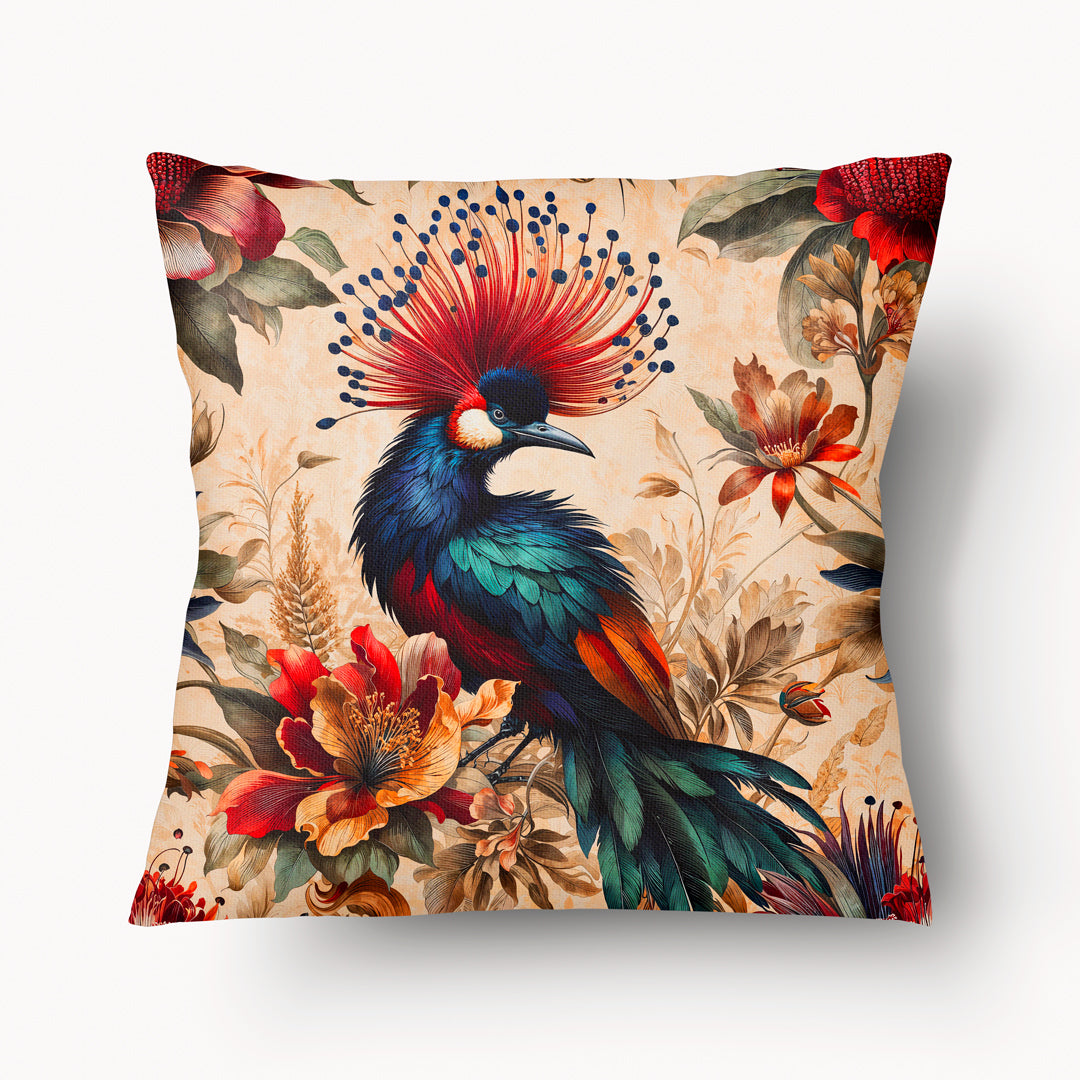 Coussin décoration intérieur motif OISEAUX Mzelle Design - Un oiseau en aquarelle au plumage coloré sur fond de fleurs beige et rouge