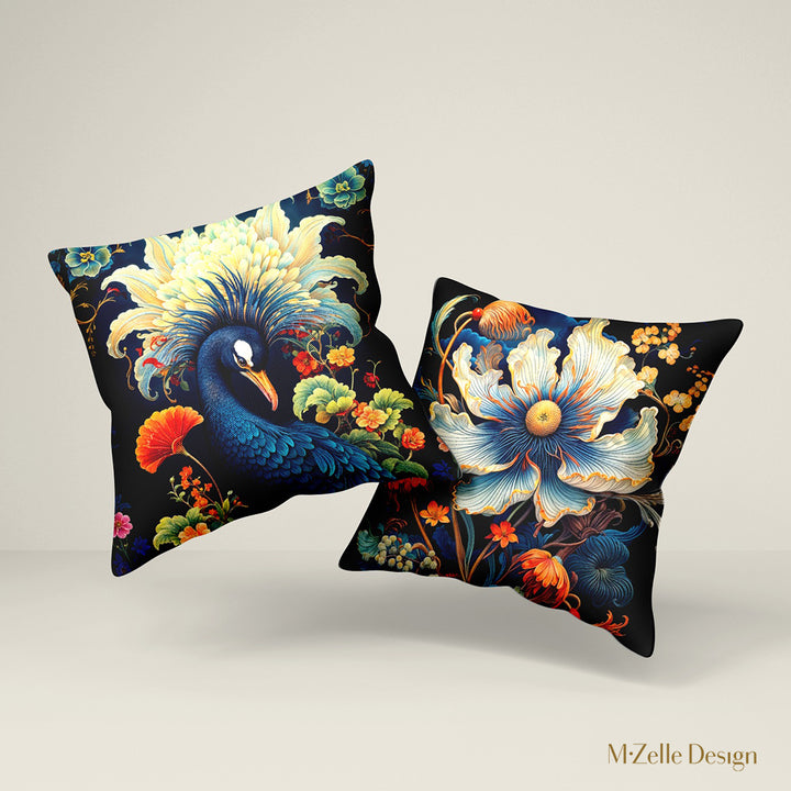 Coussins décoration intérieur OISEAUX Mzelle Design - Un oiseau au plumage coloré et au panache spectaculaire.