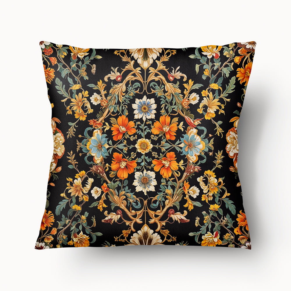 Housse de Coussin OISEAUX Mzelle design motif d'arabesques et de fleurs Baroques sur fond noir