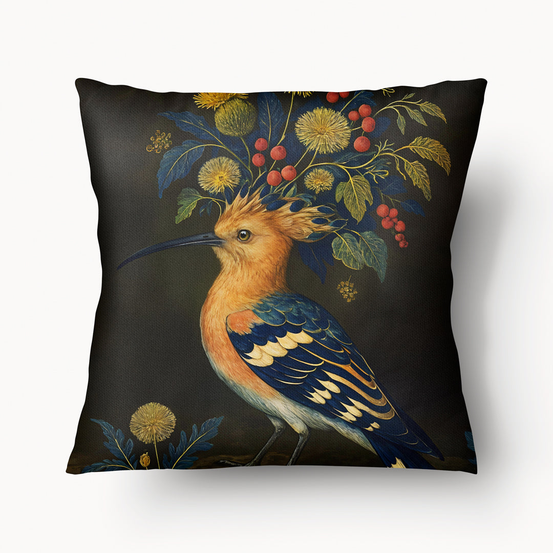 superbe Coussin décoration OISEAUX Mzelle Design avec une Huppe au Panache Floral artistique sur fond marron chocolat